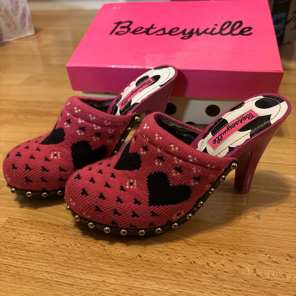 Betsey Johnson Pink and Black Studded Mules